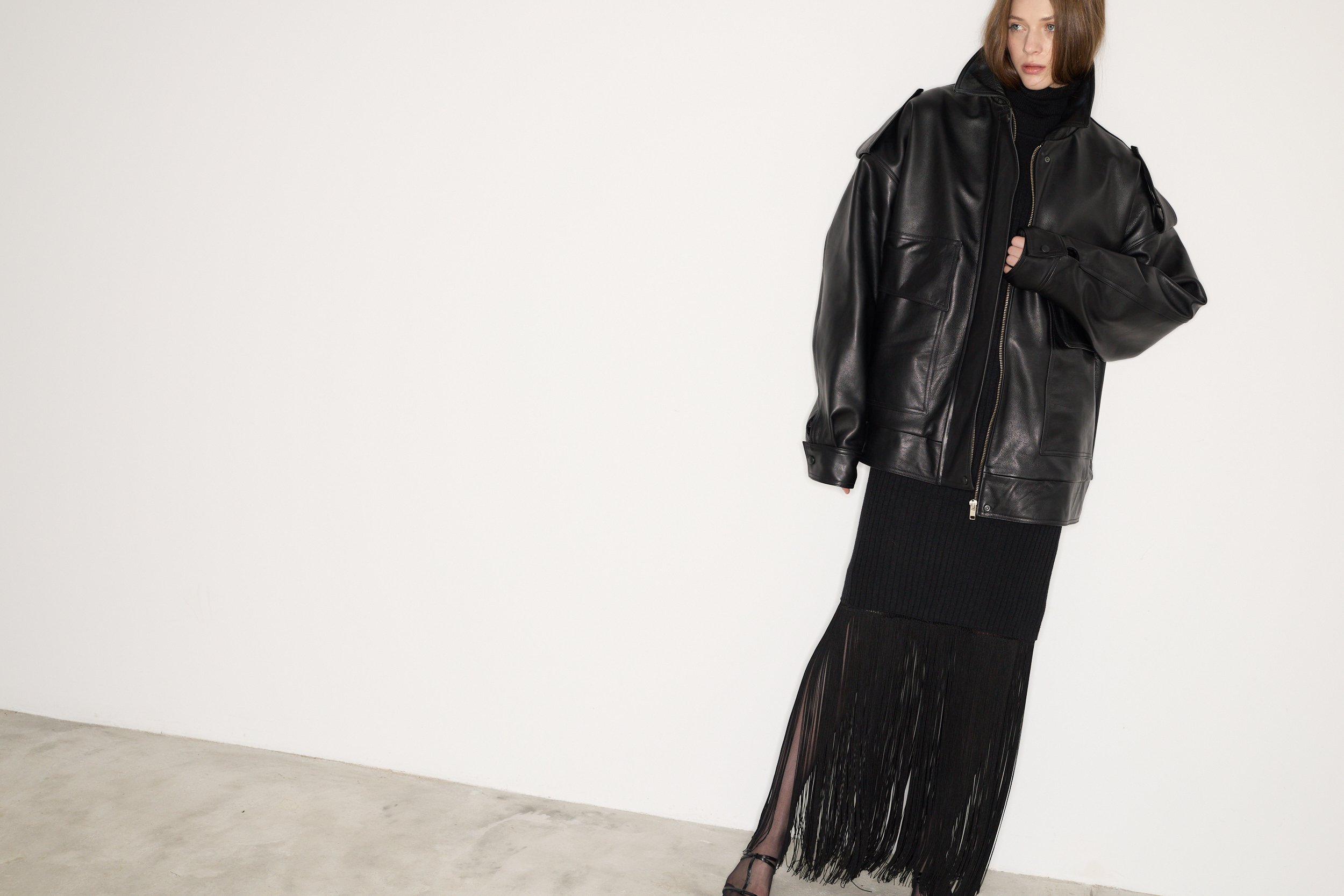 BLACK LEATHER BOMBER — STUDIO CUT